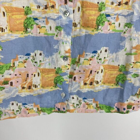 Cynthia Rowley Top Size Medium Linen Greek Island Print Short Sleeve Button Back - Picture 5 of 9